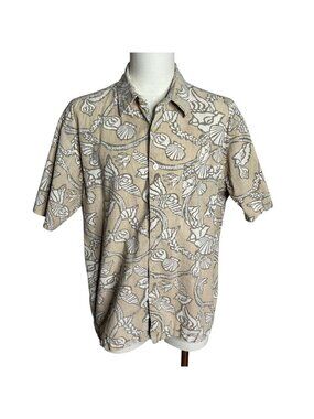 Old Navy Reverse Print Hawaiian Shirt L Beige Button Up Short Sleeve Sea Shells